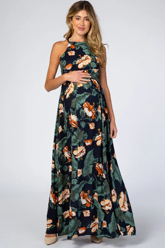 Navy Blue Palm Print Cross Back Maternity Maxi Dress Classic Strapless Maxi Dress