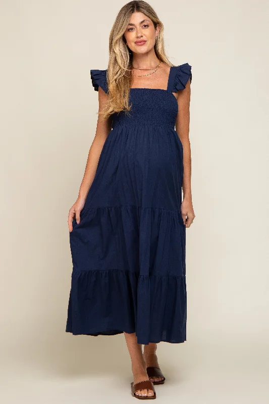 Navy Blue Sleeveless Tiered Maternity Maxi Dress Stylish Maxi Dress with Frills