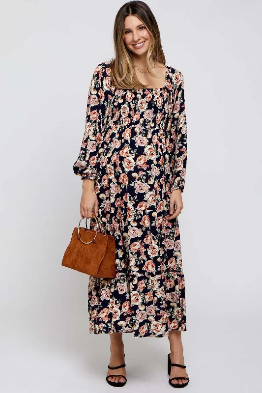 Navy Floral Long Sleeve Maternity Maxi Dress Fashionable High-Low Maxi Dress