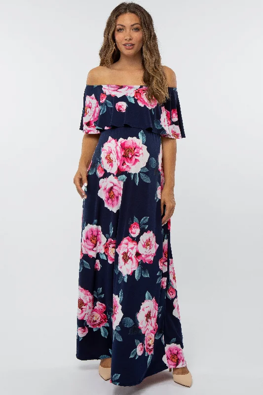 Navy Floral Off Shoulder Flounce Maternity Maxi Dress Chic Button-Up Maxi Dress