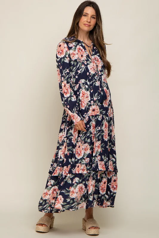 Navy Floral Smocked Ruffle Neck Maternity Maxi Dress Stylish Off-Shoulder Maxi Dress