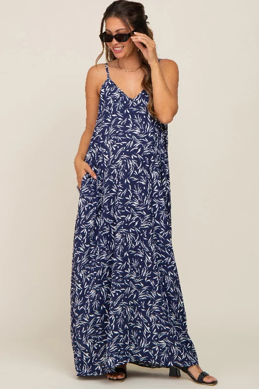 Navy Leaf Print Double V-Neck Maternity Maxi Dress Comfortable Ruffle Maxi Dress