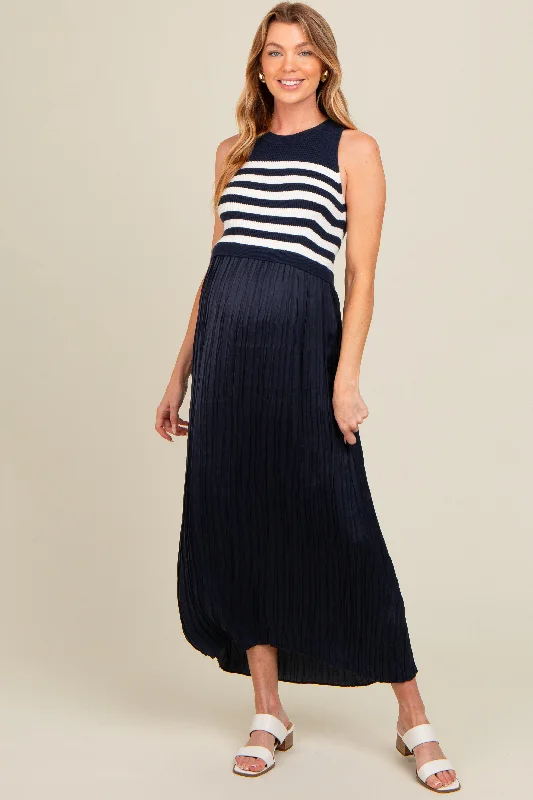 Navy Striped Contrast Knit Maternity Pleated Maxi Dress Elegant Wraparound Maxi Dress