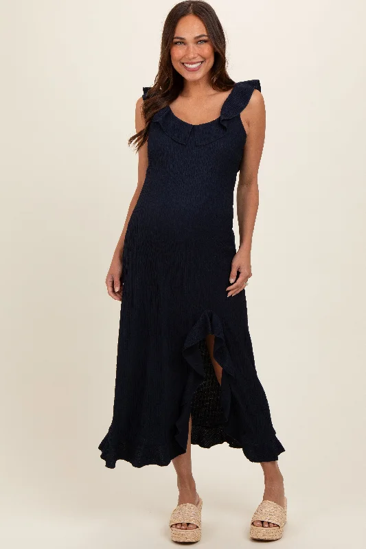 Navy Textured Sleeveless Ruffle Slit Maternity Maxi Dress Casual Maxi Dress with Pockets