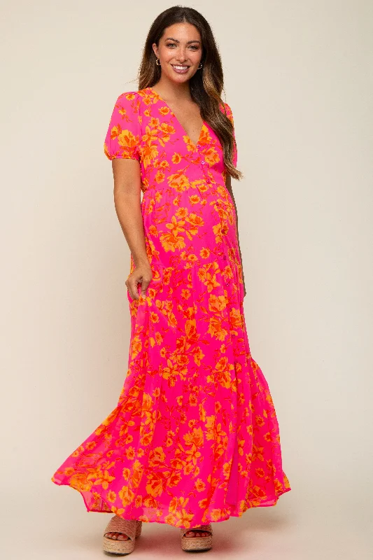 Neon Pink Floral Front Button Tiered Maternity Maxi Dress Chic Boho Print Maxi Dress