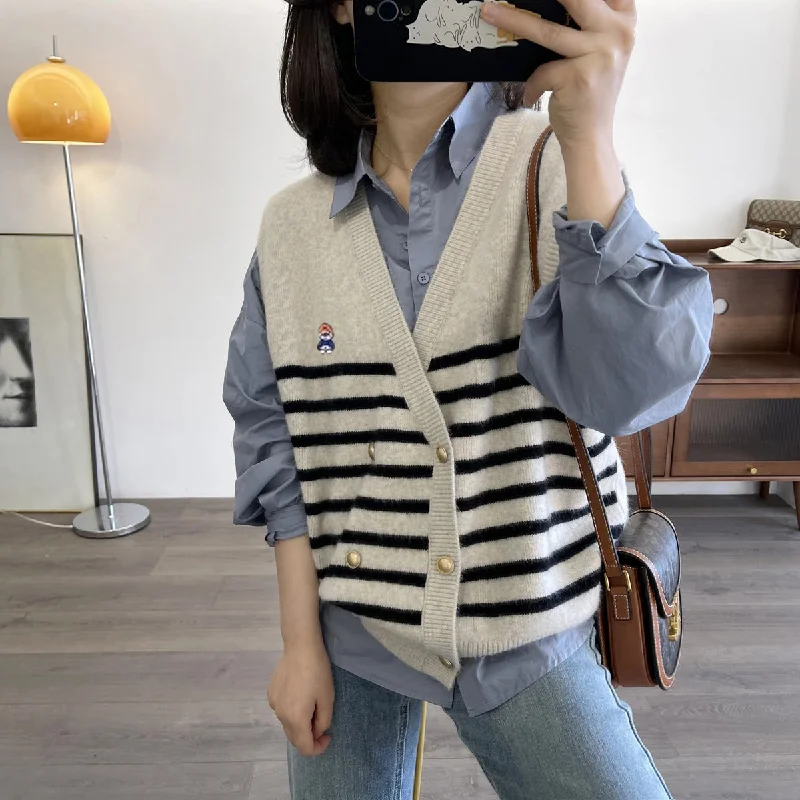 NiDELL Preppy Style Korean Style Double Breasted Striped V-neck Knitted Vest Vest Women's Loose Embroidered Trendy Knitted Cardigan Jacket Elasticated Jacket Padded Jacket Insulated Jacket