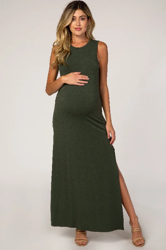 Olive Side Slit Maternity Maxi Dress Elegant Maxi Dress with Pockets