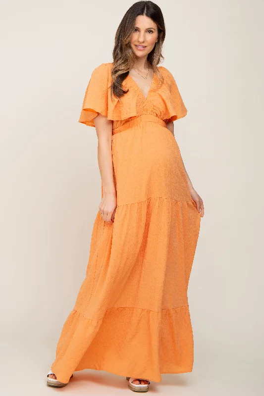 Orange Crepe Flounce Sleeve Tiered Maternity Maxi Dress Trendy Maxi Dress with Belt