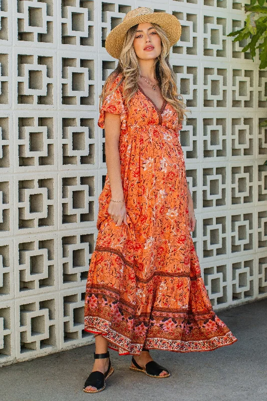 Orange Floral Flounce Sleeve Maternity Maxi Dress Elegant Maxi Dress with Lace