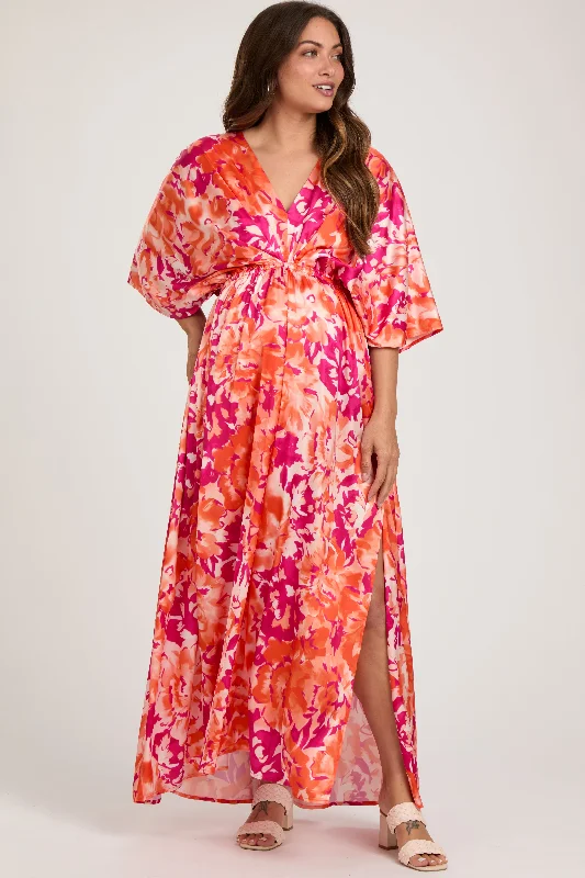 Orange Floral Satin V-Neck Maternity Maxi Dress Fashionable Asymmetrical Maxi Dress