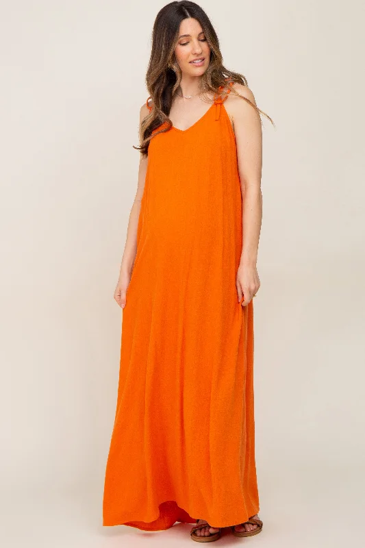 Orange Linen V-Neck Tie Strap Maternity Maxi Dress Stylish V-Neck Maxi Dress