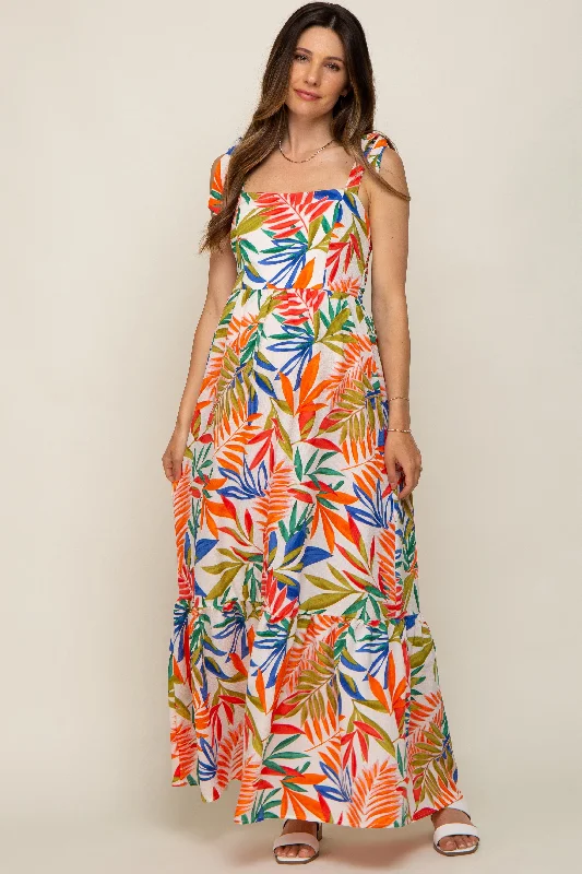 Orange Multi-Color Palm Print Shoulder Tie Maternity Maxi Dress Fashionable Halter Neck Maxi Dress