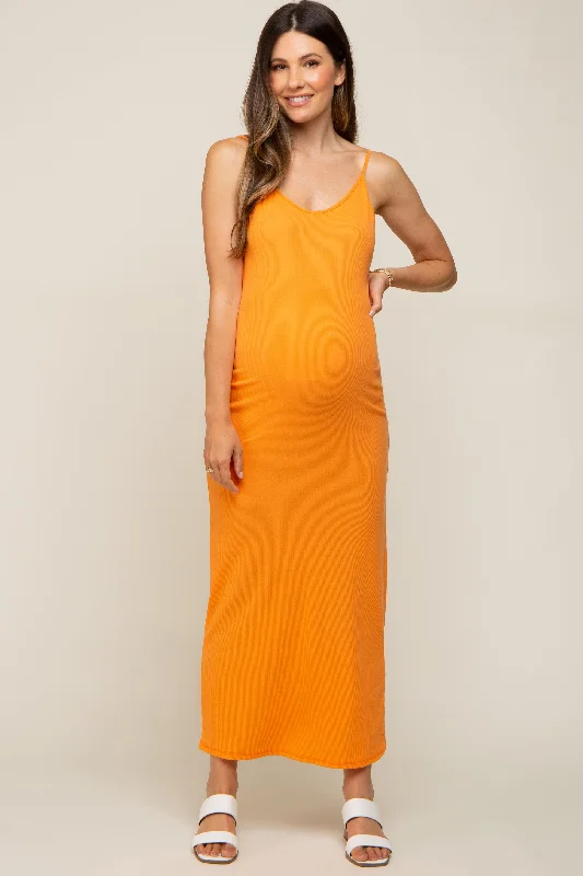 Orange Ribbed Sleeveless Maternity Maxi Dress Fashionable High-Waist Maxi Dress