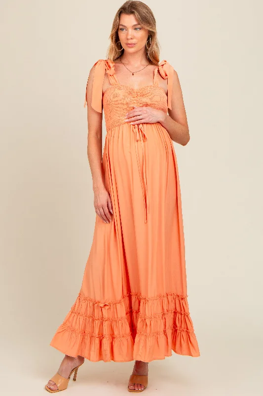 Orange Sweetheart Neck Smocked Shoulder Tie Maternity Maxi Dress Stylish Empire Waist Maxi Dress