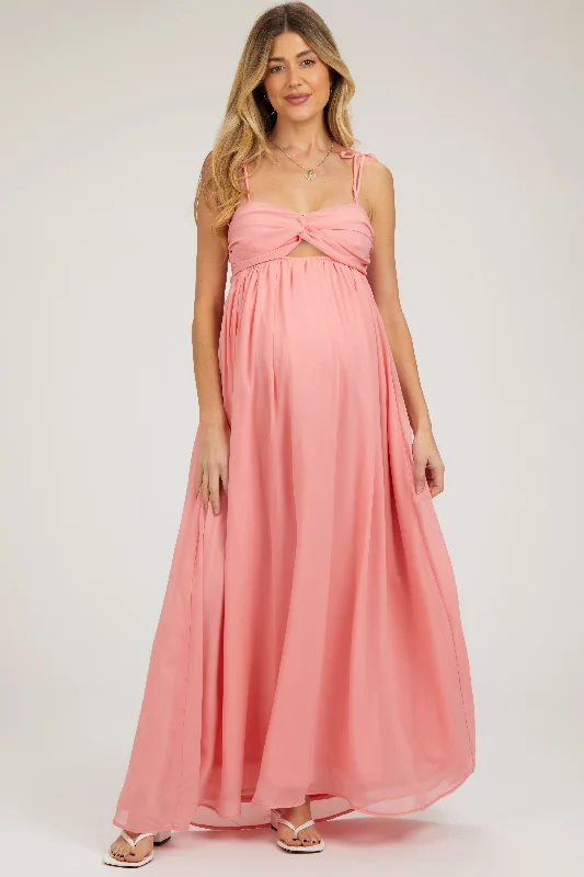 Peach Chiffon Sleeveless Cutout Front Maternity Maxi Dress Cozy Ribbed Maxi Dress