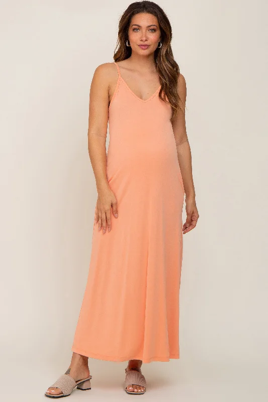 Peach Sleeveless V-Neck Maternity Maxi Dress Stylish Long Sleeve Maxi Dress