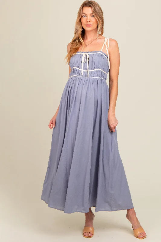 Periwinkle Contrast Ribbon Trim Maternity Maxi Dress Classic Solid Maxi Dress