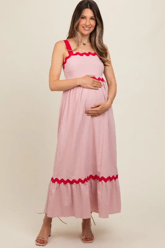 Pink Contrast Trim Maternity Maxi Dress Comfortable Ruffle Maxi Dress