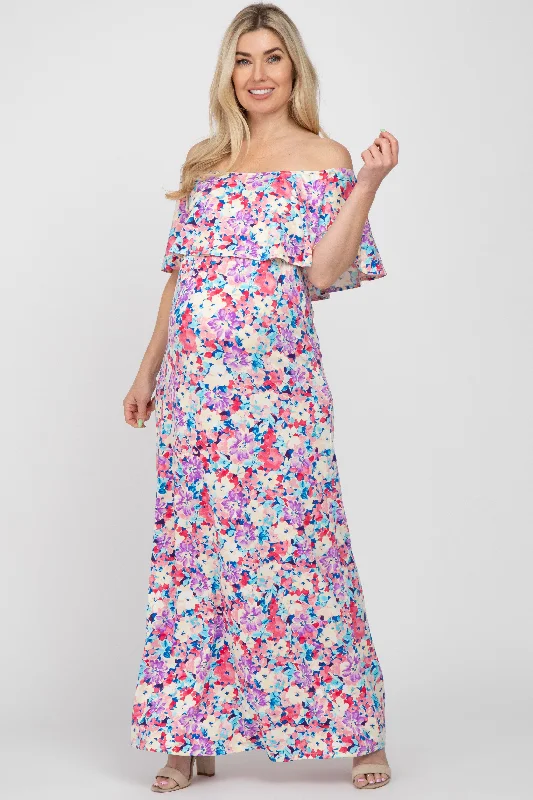 Pink Floral Off Shoulder Maternity Maxi Dress Cozy Knit Maxi Dress