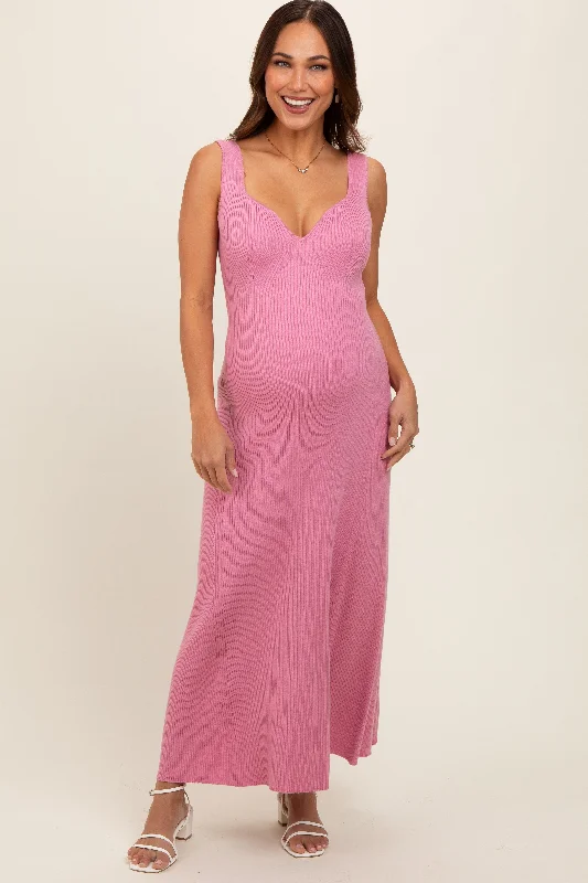 Pink Knit Maternity Deep V-Neck Maternity Maxi Dress Chic Off-Shoulder Maxi Dress