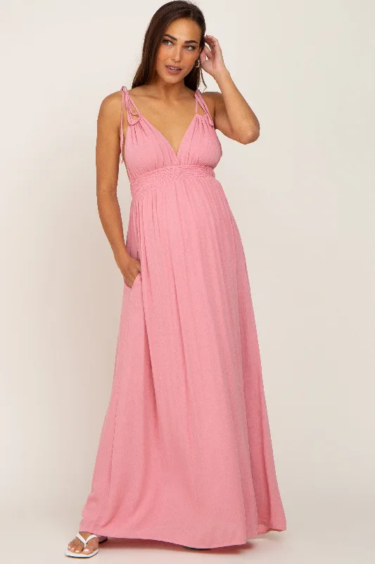 Pink Shoulder Tie Open Back Maternity Maxi Dress Classic A-Line Maxi Dress