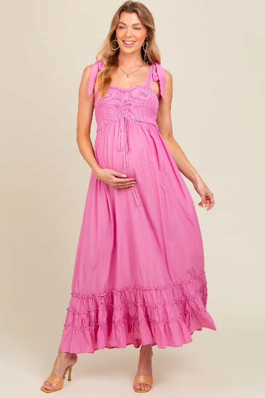 Pink Sweetheart Neck Smocked Shoulder Tie Maternity Maxi Dress Classic Strapless Maxi Dress