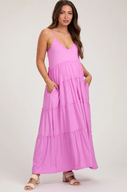 Pink Tiered Sleeveless Maternity Maxi Dress Fashionable High-Waist Maxi Dress