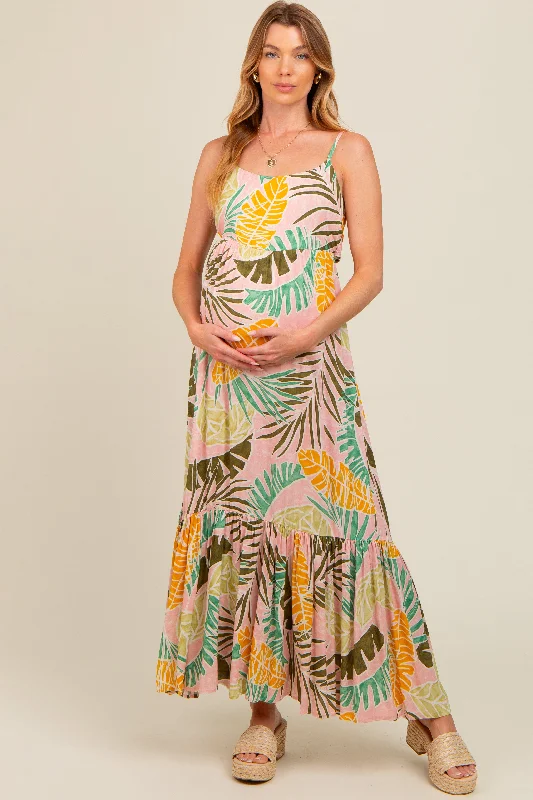 Pink Tropical Print Maternity Maxi Dress Fashionable Asymmetrical Maxi Dress