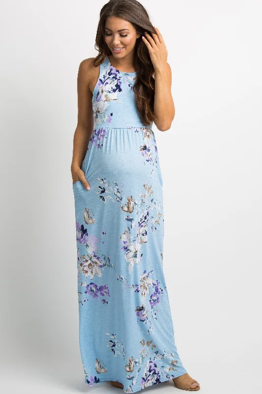 PinkBlush Aqua Floral Sleeveless Maternity Maxi Dress Trendy Off-Shoulder Ruffle Maxi Dress