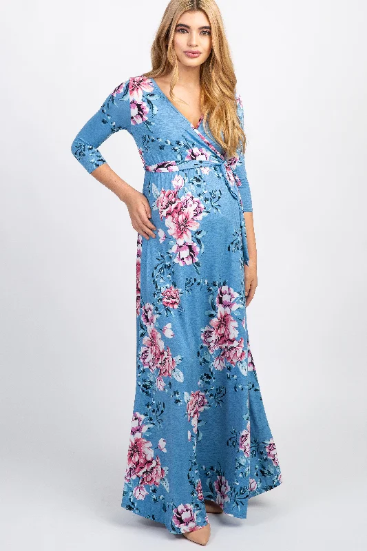 PinkBlush Blue Floral Sash Tie Maternity/Nursing Wrap Maxi Dress Fashionable Faux Wrap Maxi Dress