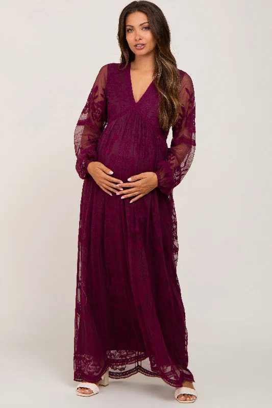 PinkBlush Burgundy Lace Mesh Long Sleeve Maternity Maxi Dress Trendy Button Front Maxi Dress