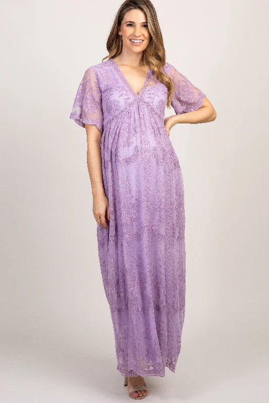 PinkBlush Lavender Lace Mesh Overlay Maternity Maxi Dress Fashionable Sheer Maxi Dress