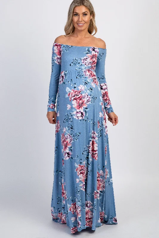 PinkBlush Light Blue Floral Off Shoulder Maternity Maxi Dress Elegant Pleated Maxi Dress