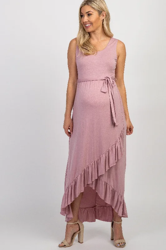 PinkBlush Mauve Sleeveless Hi-Low Ruffle Trim Maternity Maxi Dress Classic Tulle Maxi Dress