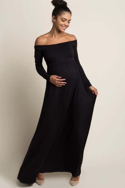 PinkBlush Petite Black Solid Off Shoulder Maternity Maxi Dress Comfortable Satin Maxi Dress