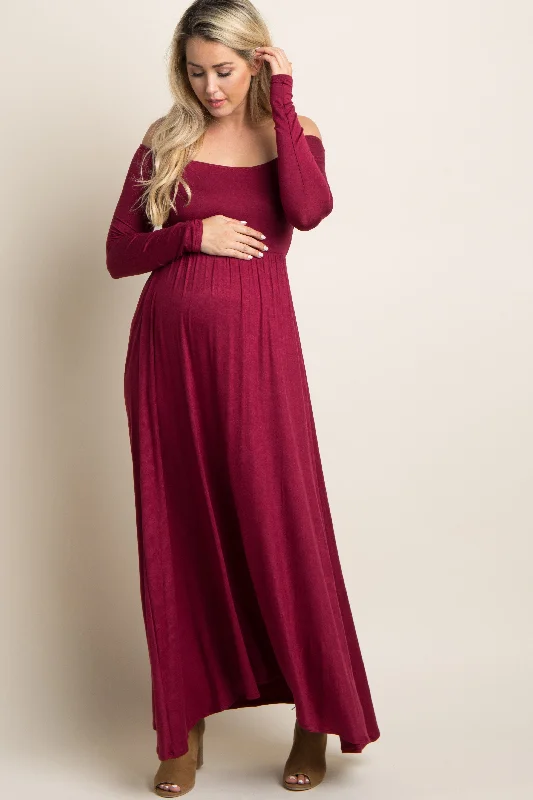 PinkBlush Petite Dark Burgundy Solid Off Shoulder Maternity Maxi Dress Fashionable Sleeveless Maxi Dress