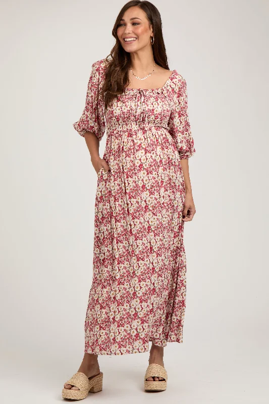 Red Abstract Floral Smocked Maternity Maxi Dress Trendy Maxi Dress with Lace