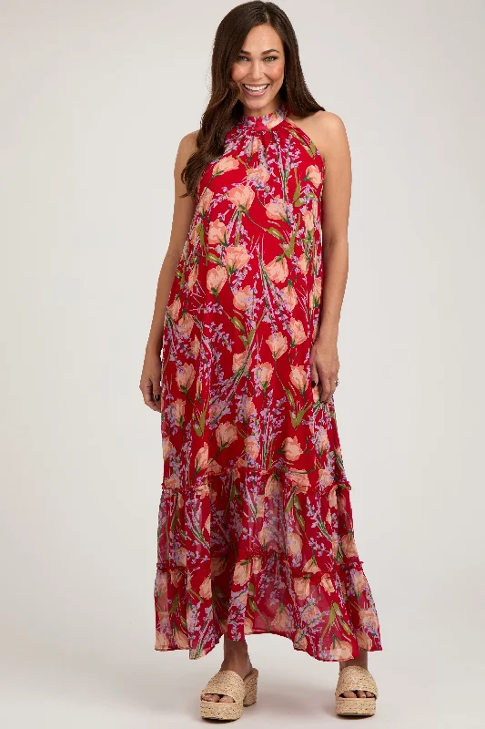 Red Floral Halter Maternity Maxi Dress Trendy Maxi Dress with Bow