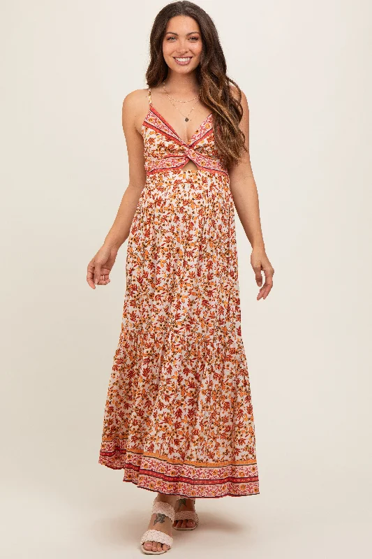 Red Floral Strapless Maternity Maxi Dress Trendy Button Front Maxi Dress