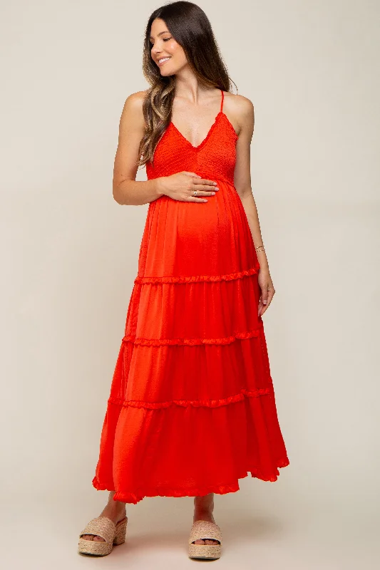 Red Orange Smocked Ruffle Tiered Maternity Maxi Dress Elegant Boho Maxi Dress