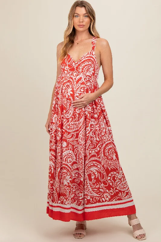 Red Paisley Cutout Back Maternity Maxi Dress Stylish Maxi Dress with Frills