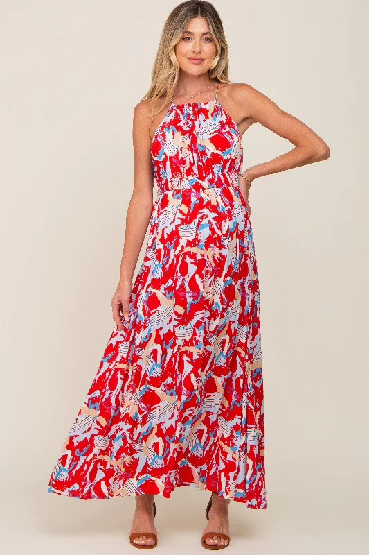 Red Printed Halter Smocked Waist Maternity Maxi Dress Trendy Off-Shoulder Ruffle Maxi Dress