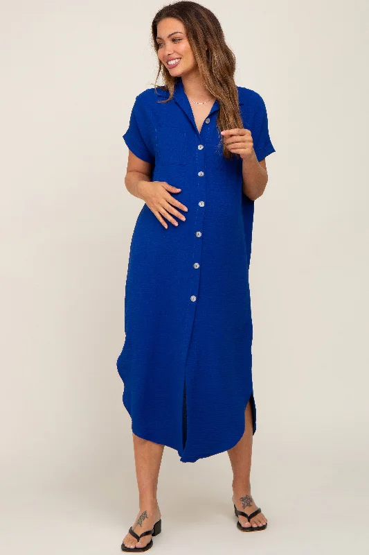 Royal Blue Button Down Hi Low Maternity Maxi Dress Trendy Short Sleeve Maxi Dress