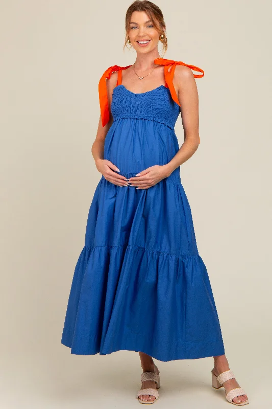 Royal Blue Contrast Shoulder Straps Maternity Maxi Dress Stylish One-Shoulder Maxi Dress