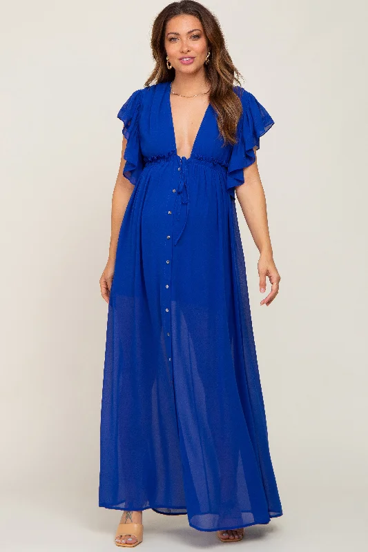 Royal Blue Flounce Button Front Maternity Maxi Dress Cozy Ribbed Maxi Dress