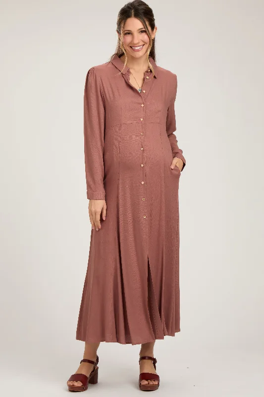 Rust Collared Button Down Long Sleeve Maternity Maxi Dress Trendy Floral Print Maxi Dress