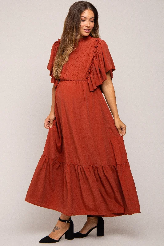 Rust Ruffle Pleated Maternity Maxi Dress Elegant Lace-Up Maxi Dress