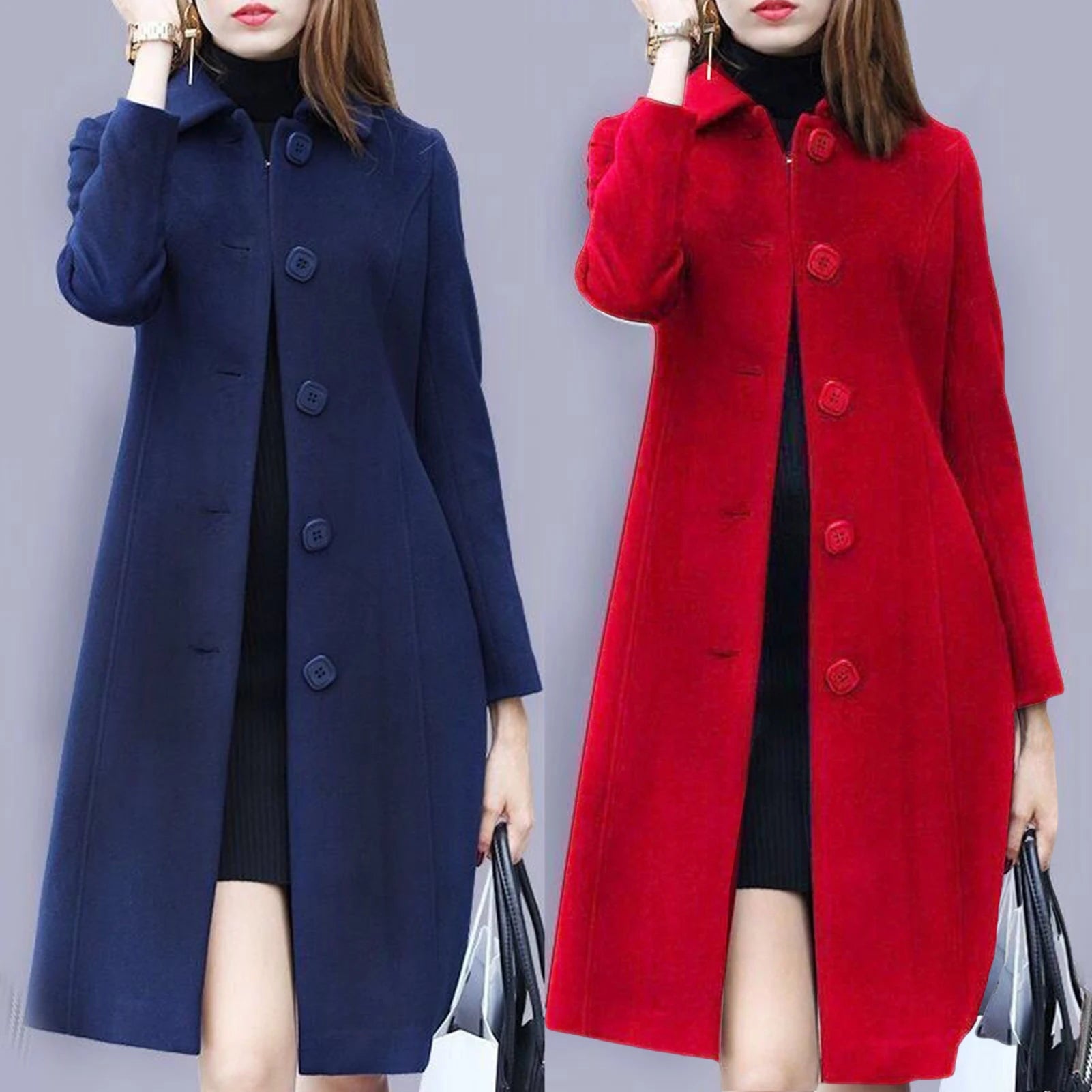 S-4XL Autumn Women Coat Mid-Length Single-Breasted Solid Color Turn-down Collar Elegant Soft Plus Size Warm Winter Jacket A-Line Jacket Boat Neck Shawl Collar