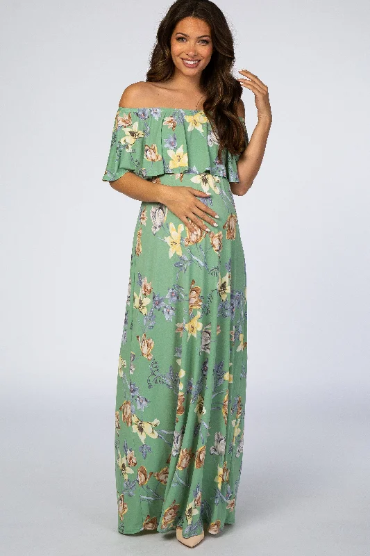 Sage Floral Off Shoulder Maternity Maxi Dress Chic Button-Up Maxi Dress