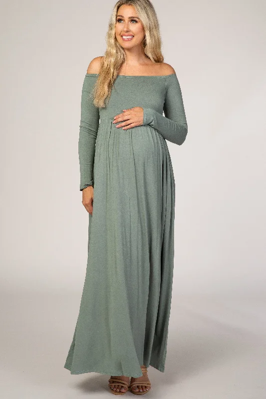 Sage Off Shoulder Long Sleeve Maternity Maxi Dress Comfortable Flowy Maxi Dress